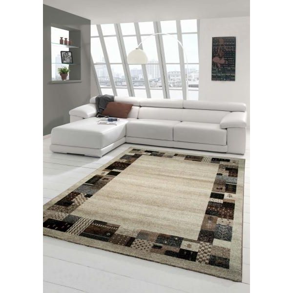 Tappeto Di Design Tappeto Moderno Tappeto Per Il Soggiorno Con Disegno Di Bordi Multicolore In Marrone Beige Crema Turchese Dimensioni - 80X150 Cm-image