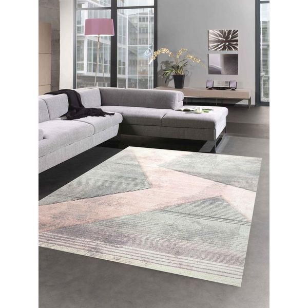 Tappeto Astratto Da Salotto Moderno A Righe Verde Rosa Grigio - Facile Da Pulire Dimensioni - 60X110 Cm-image