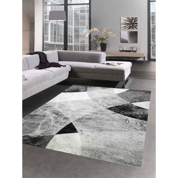 Tappeto Da Salotto Astratto Con Moderno Disegno A Rombi A Onde Marmorizzate In Grigio Nero - Misura Facile Da Pulire - 60X110 Cm-image