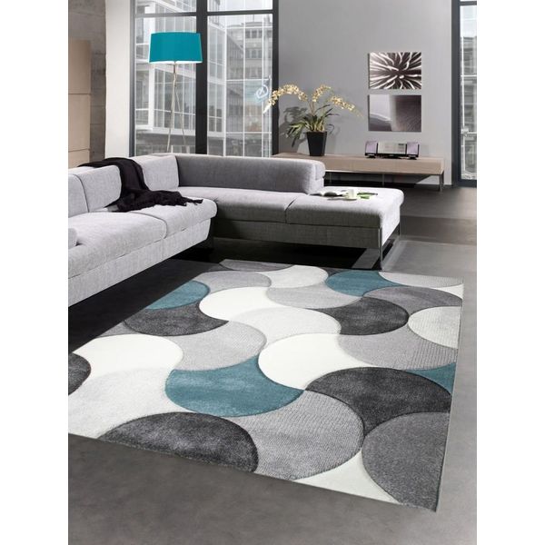 Tappeto Di Design Per Il Salotto Tappeto A Pelo Corto Turchese Grigio Blu Dimensioni - 80 X 300 Cm-image