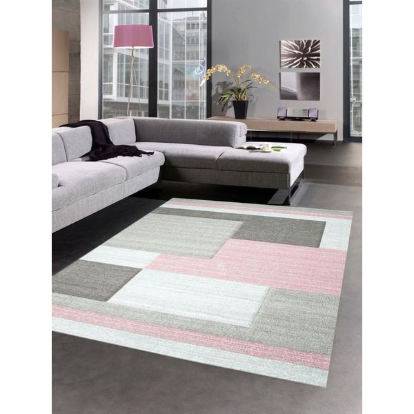 Tappeto Moderno A Pelo Corto Per Soggiorno Tappeto Contour Cut Check Astratto Rosa Pastello Marrone Taupe Dimensioni - 240 X 340 Cm-image