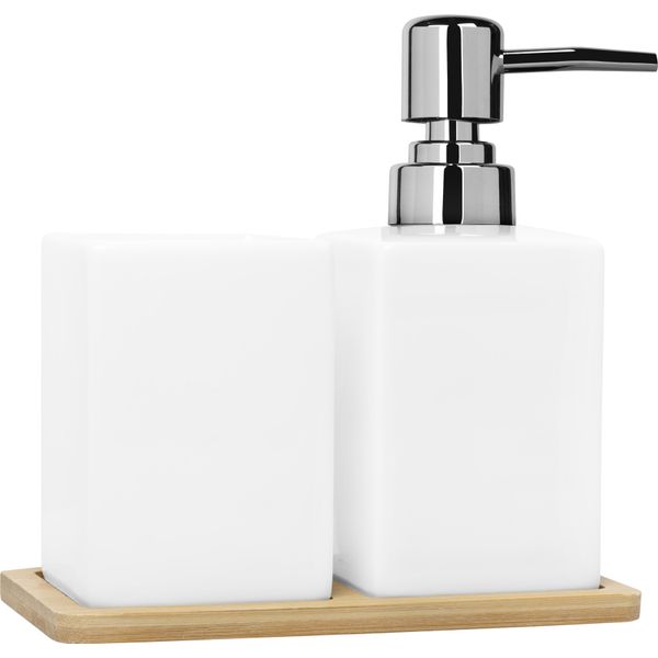 Quvio Distributore Di Sapone Con Portaspazzolino + Sottobicchiere In Legno - Pompa Per Sapone - Sapone Per Le Mani - Porta Sapone - 8,5 X 16 X 16 - Bianco-image