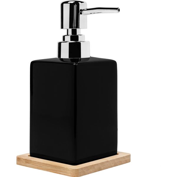 Quvio Distributore Di Sapone Con Sottobicchiere In Legno - Pompa Per Sapone - Sapone Per Le Mani - Porta Sapone - 6,5 X 6,5 X 15 Cm - Nero-image
