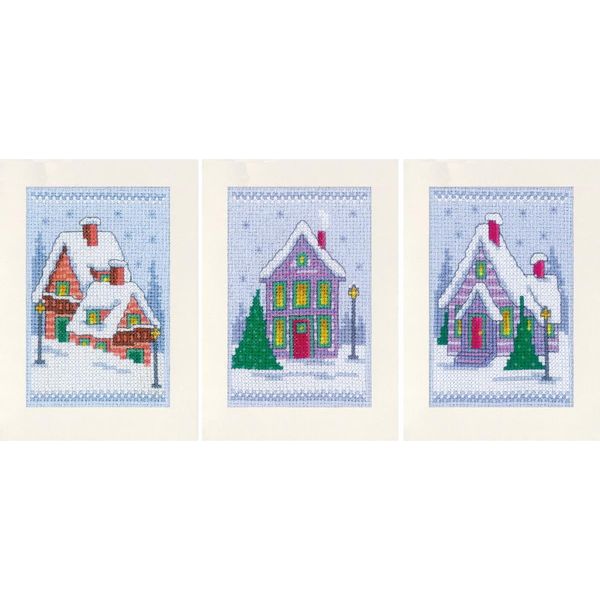 Vervaco Set Di Biglietti D'auguri A Punto Croce "Gnomi Di Natale Nella Neve"" Set Di 3, Schema A Contare, 10,5X15Cm"-image