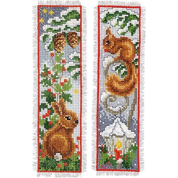 Vervaco Segnalibro Ricamo A Punto Croce "Coniglio E Scoiattolo"" Confezione Da 2 Pezzi, Schema Di Conteggio, 6X20Cm"-image