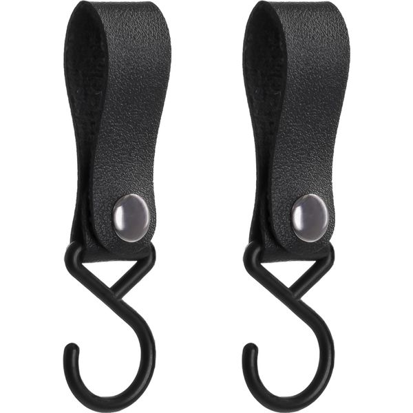 Quvio Gancio Per Appendere Con Cinghia In Pelle - Gancio Per Cappotto - Appendiabiti - Gancio - Gancio Da Cucina - Plastica - Pelle - Gancio Per Appendere - Set Di 2 - Nero-image