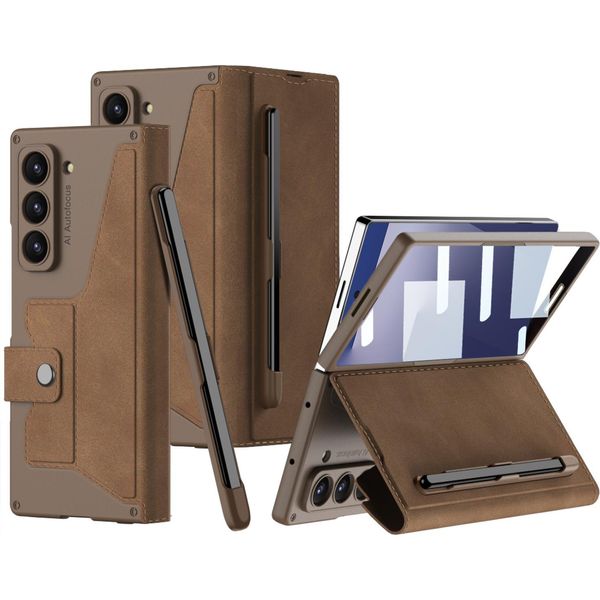 Custodia Per Samsung Galaxy Z Fold 7 Custodia Protettiva In Pelle Con Protezione Dello Schermo Incorporata E Slot Per Penna Marrone-image