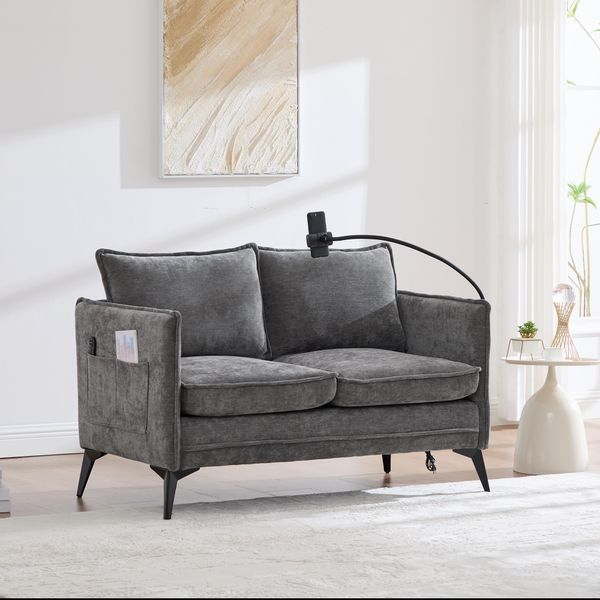 Abrihome Divano A 2 Posti In Tessuto Con Vano Contenitore, Tasca Laterale E Portacellulare Regolabile - Grigio-image