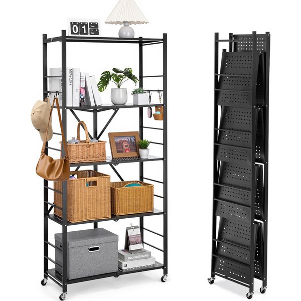Vevor 5 Scaffali, Scaffali Pieghevoli Con Ruote, 36X81X183 Cm, Scaffale Pieghevole Per Carichi Pesanti, Scaffale In Piedi Senza Montaggio, Scaffale Per La Casa, Scaffale Per La Cucina, Scaffale In Metallo Per Garage, Cucina, Cantina, Nero-image