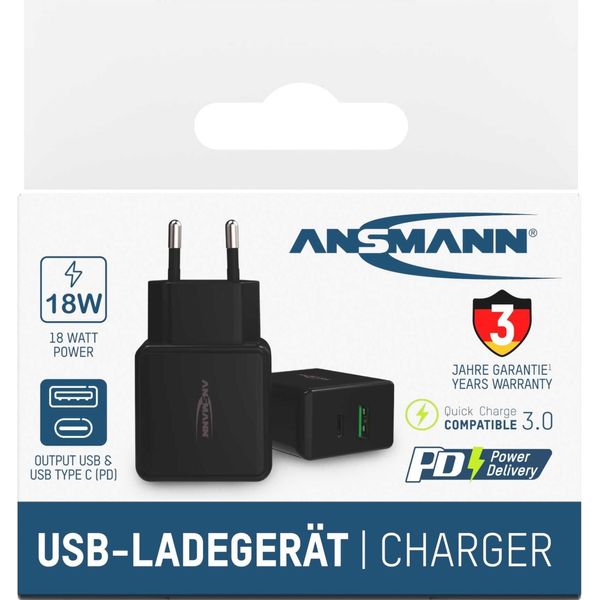 Ansmann HC218PD - Alimentatore - 18 Watt - 3000 Ma - Pd, Qc 3.0 - 2 Porte Di Uscita (Usb, USB-C) - Nero (1001-01-image