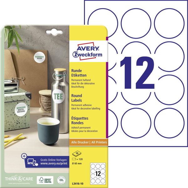 Avery Zweckform L3416-10 120 Avery Zweckform Etiketten L3416-10 Weiß 60,0 X 60,0 Mm-image