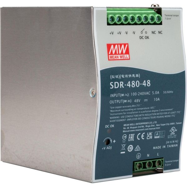 Mean Well Serie SDR-480 SDR-480-48 - Alimentatore (Possibilità Di Montaggio Su Guida Din) - Ac 115/230 V - 480 Watt - Attivo-image