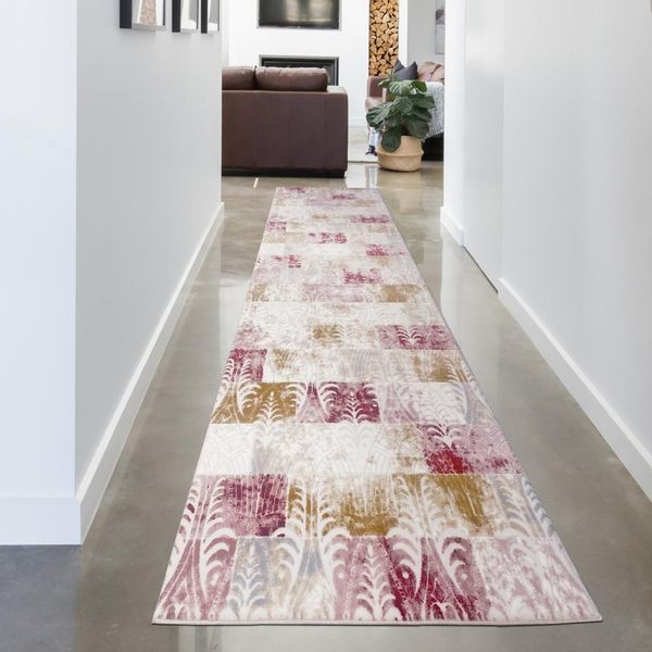 Tappeto Runner - Design Moderno Con Motivo A Quadri Rosso Crema Dimensioni - 80 X 300 Cm-image