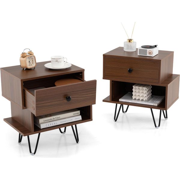 Set Di 2 Comodini Costway, Comodino Con Cassetto, Vano A Giorno E Gambe In Metallo, Tavolino Da Divano Console Da Comodino 44 X 29 X 47 Cm-image