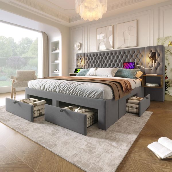 Letto Imbottito Flieks 180X200Cm Con Usb E Lampada Da Lettura, Letto Matrimoniale Contenitore Con Comodino E 4 Cassetti, Letto Funzionale In Legno, Velluto, Grigio-image
