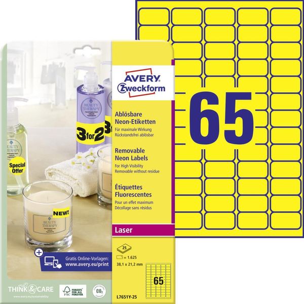 Avery Zweckform - Adesivo Rimovibile - Giallo Neon - 38,1 X 21,2 Mm 1625 Etichette (25 Fogli X 65) Etichette-image