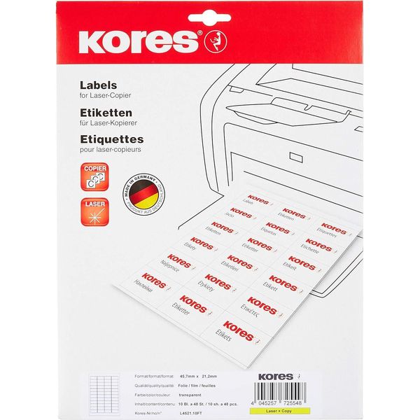 Etichette In Film Kores 45,7 X 21,2 Mm Trasparenti 480 Etichette Su 10 Fogli-image