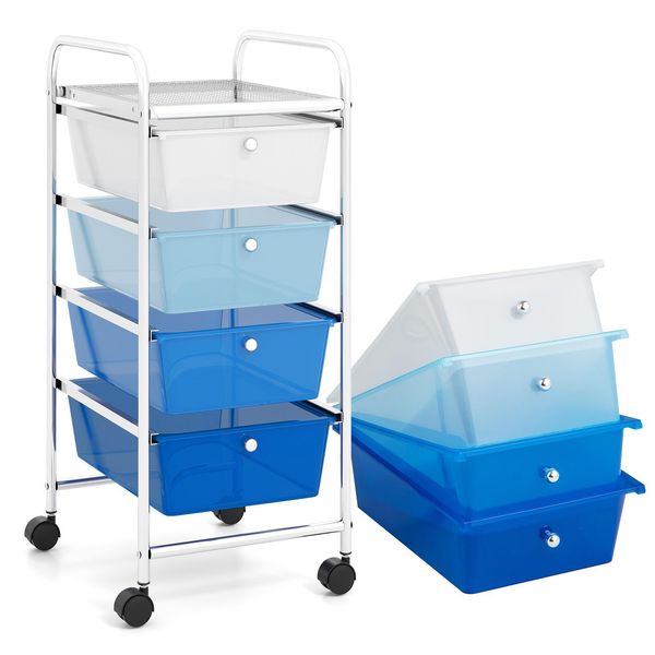 Carrello Costway Con 4 Cassetti Impilabili, Ripiano Di Stoccaggio E Struttura In Metallo, Carrello A Cassetti Carrello Da Bagno Carrello Di Stoccaggio Carrello Blu-image