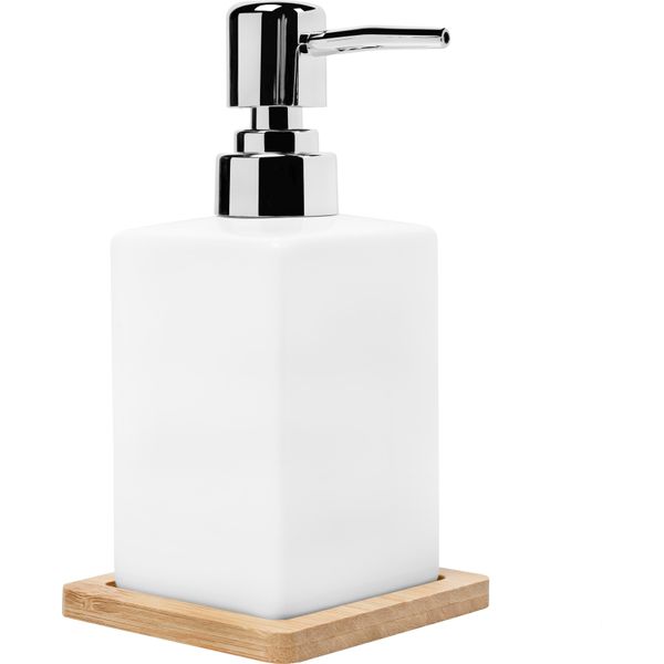 Quvio Distributore Di Sapone Con Sottobicchiere In Legno - Pompa Per Sapone - Sapone Per Le Mani - Porta Sapone - 6,5 X 6,5 X 15 Cm - Bianco-image