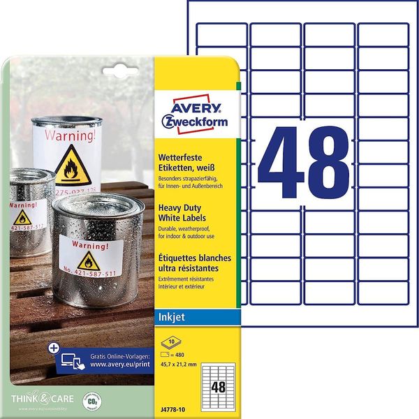 Avery Zweckform J4778-10 Etichette In Pellicola Resistenti Alle Intemperie, 45,7 X 21,2 Mm, 10 Fogli/480 Etichette, Bianco-image