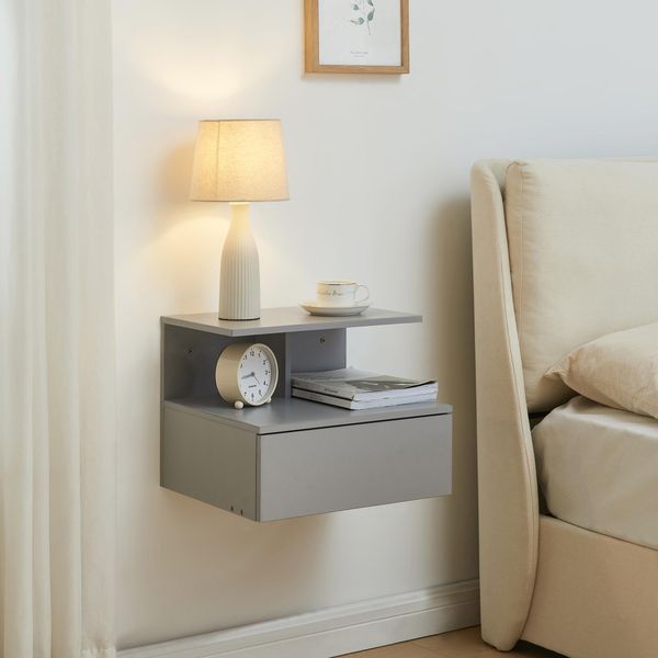 Mensola A Muro 'Amberg' Comodino Sospeso 40 X 35 X 31 Cm Con Cassetto E 2 Ripiani Grigio Chiaro-image