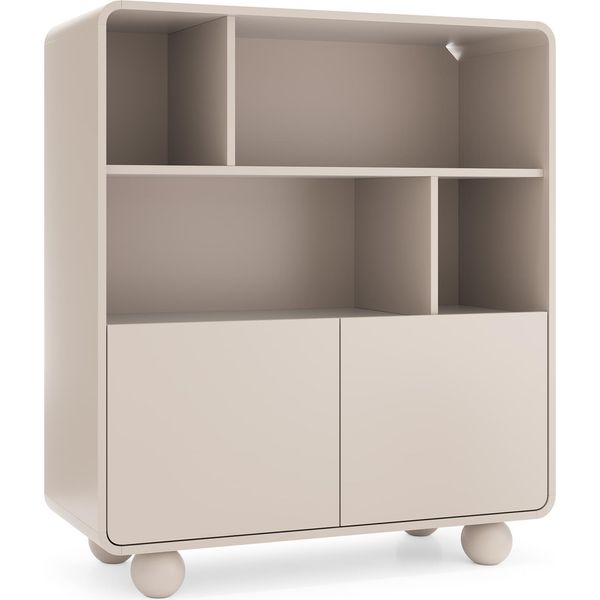 Libreria In Cashmere Con Ripiani E Armadio - Design Moderno, Gambe Sferiche, 108 X 121 X 39 Cm-image