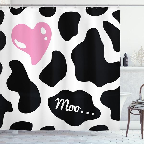Abakuhaus Tenda Da Doccia Con Stampa Mucca, Motivo Mimetico A Forma Di Cuore, Paesaggio, Motivo Ripetuto, 175 X 200 Cm, Nero, Bianco, Rosa-image