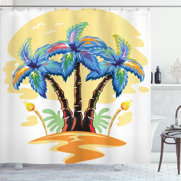 Abakuhaus Tenda Da Doccia Con Motivo Palma, Palma Hawaiana, Fiaccola, Gabbiani, Tramonto, Viaggio Esotico, 175 X 200 Cm, Arancione E Blu-image