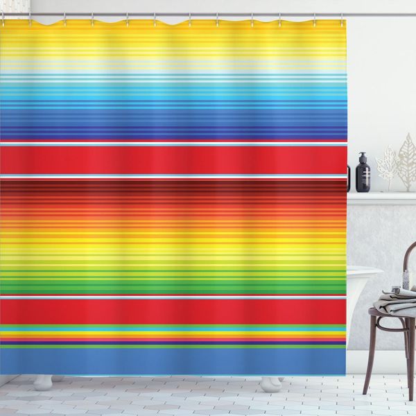 Abakuhaus Tenda Da Doccia Astratta, Linee Orizzontali Moderne E Colorate, Tonalità Calde E Fredde, Motivo Geometrico, 175 X 200 Cm, Multicolore-image