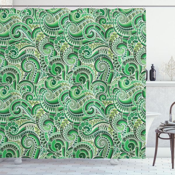 Abakuhaus Tenda Da Doccia Asiatica, Classico Motivo Paisley Con Illustrazioni Floreali E Motivi Retrò, 175 X 200 Cm, Verde E Nero-image