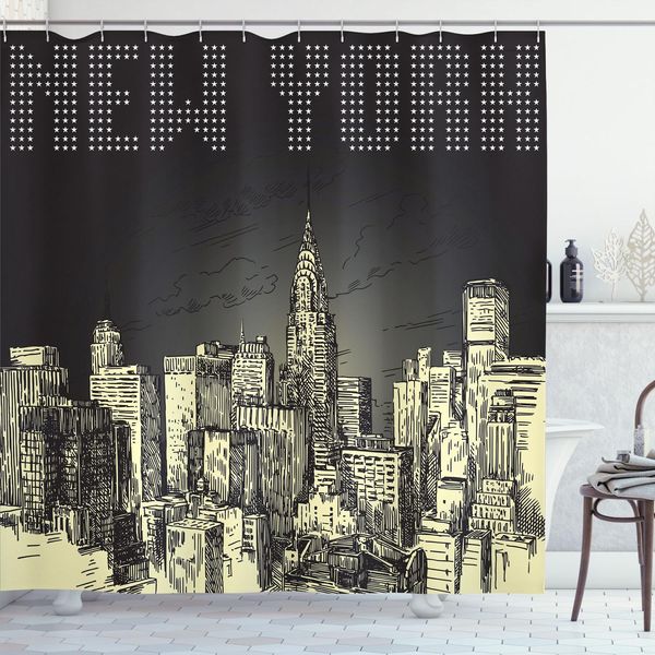 Abakuhaus New York Tenda Da Doccia, Disegno In Stile Grunge Pop Art Retrò Nyc Cielo Con Edifici Grattacieli Città Motivo, 175 X 240 Cm, Grigio Giallo-image