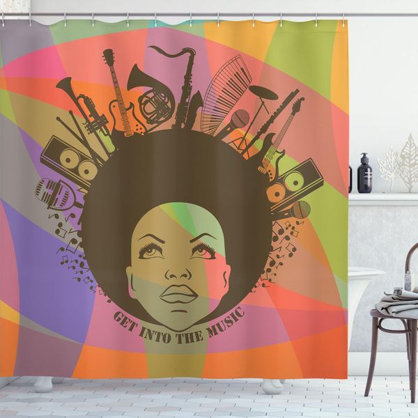 Abakuhaus Tenda Da Doccia Musicale, Illustrazione Colorata Di Un Ritratto Di Una Ragazza Afroamericana Con Strumenti Musicali, 175 X 200 Cm, Multicolore-image