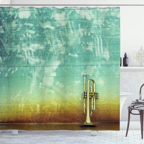 Abakuhaus Tenda Da Doccia Musicale, Arte Moderna Tromba Strumenti Musicali Orchestra Grunge Parete Jazz Tema Foto Motivo, 175 X 240 Cm, Verde Marrone-image