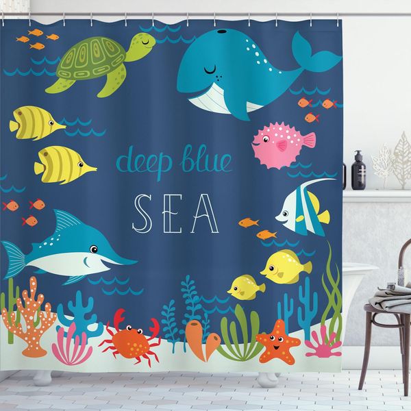 Abakuhaus Tenda Da Doccia Con Caricature, Alghe, Barriera Corallina, Tartarughe, Vita Acquatica, Pesci, Granchi, Tema Marino, 175 X 200 Cm, Multicolore-image
