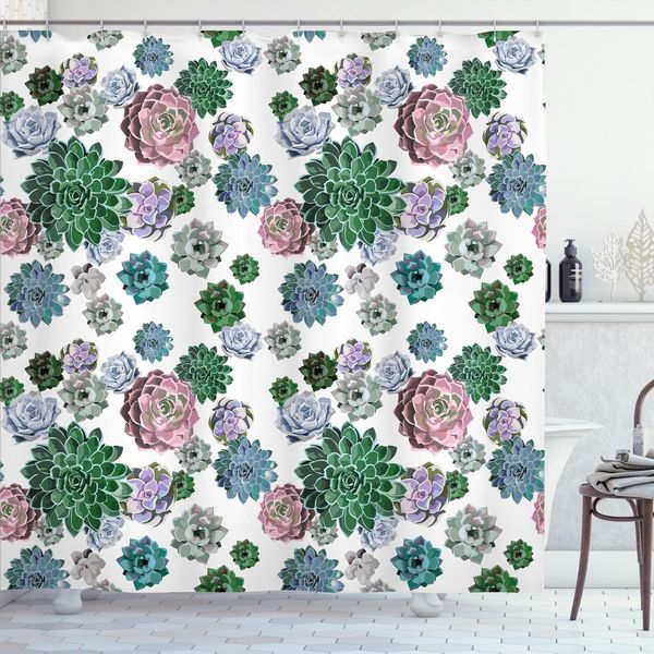 Abakuhaus Tenda Da Doccia Cactus, Effetto Acquerello Esotico Foglie Naturale Design Giardino Motivo Piante Succulente, 175 X 200 Cm, Multicolore-image
