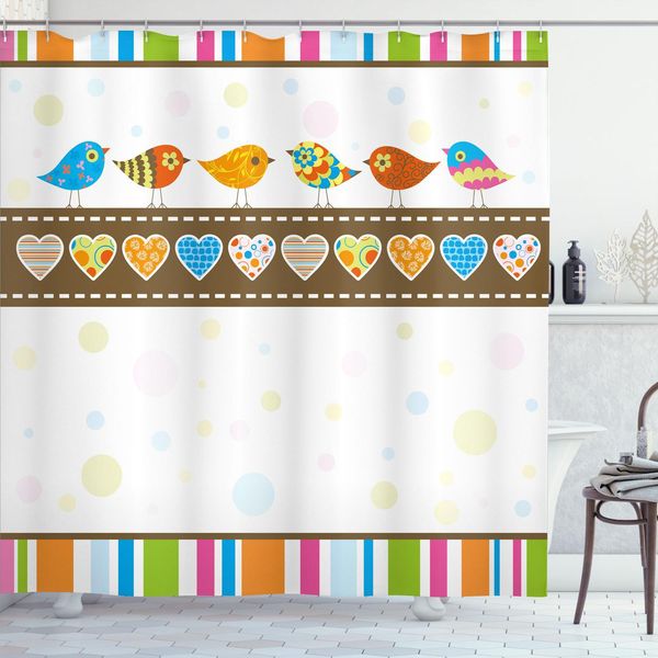 Abakuhaus Tenda Da Doccia Per San Valentino, Uccelli Etnici, Cuori E Strisce, Motivo Illustrativo In Stile Rustico, 175 X 200 Cm, Multicolore-image