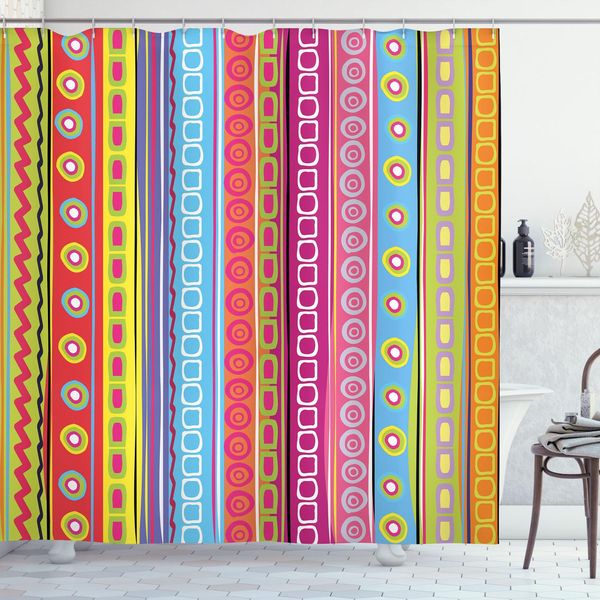 Abakuhaus Tenda Da Doccia A Righe, Motivi Tribali Composizione Colorata Stile Retrò Etnico Motivo A Righe Verticali, 175 X 200 Cm, Multicolore-image