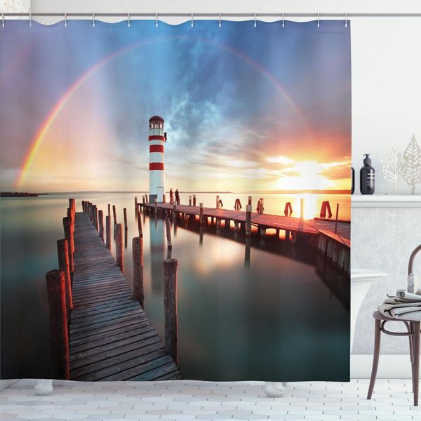 Abakuhaus Tenda Da Doccia Con Motivo Faro, Tramonto, Faro, Costa, Nuvole, Arcobaleno, Riflesso, Foto, 175 X 200 Cm, Multicolore-image