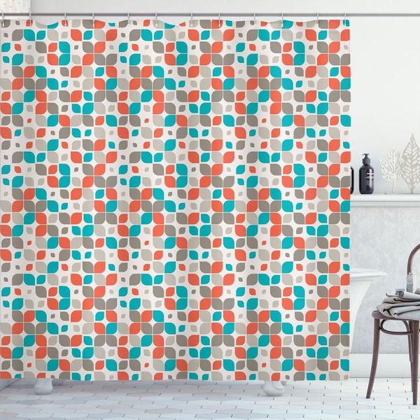 Tenda Da Doccia Abakuhaus Retro, Mosaico Artistico Astratto In Stile Vintage, Illustrazione Colorata, 175 X 200 Cm, Grigio Turchese Rosso-image