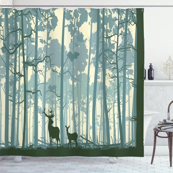 Abakuhaus Tenda Da Doccia Con Cervo, Silhouette Di Animali, Animali Della Foresta Nella Nebbia, Motivo Dell'alba, 175 X 200 Cm, Nero, Bianco, Grigio-image