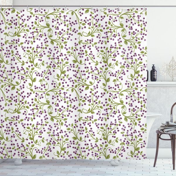 Abakuhaus Tenda Da Doccia Con Motivi Floreali, Motivo Floreale Ripetuto Bacche Selvatiche Foglie Frutti Illustrazione Botanica, 175 X 200 Cm, Verde Bianco Viola-image