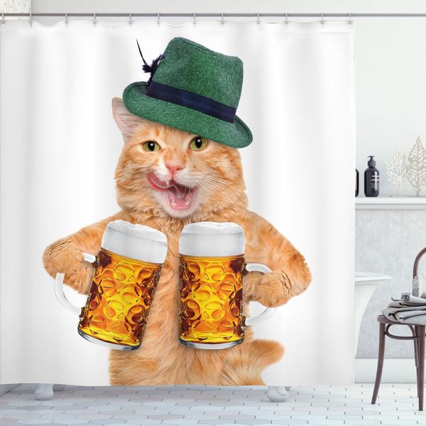 Abakuhaus Tenda Da Doccia Con Gatto, Gatto Tedesco Con Cappello Verde E Boccali Di Birra, Bevanda Bavarese, Motivo Fotografico Appetitoso, 175 X 200 Cm, Multicolore-image