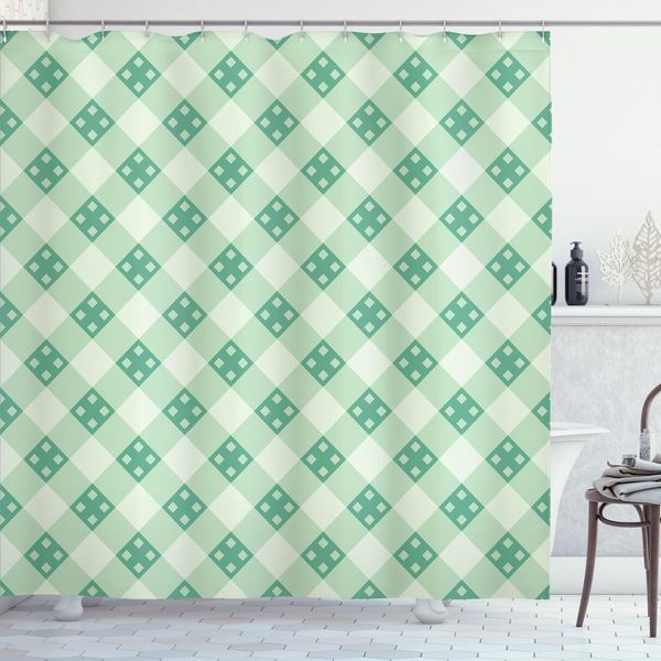 Abakuhaus Tenda Da Doccia Mint, Motivo A Righe Ripetute Con Quadrati Geometrici In Tonalità Pastello, 175 X 200 Cm, Verde Menta Chiaro-image