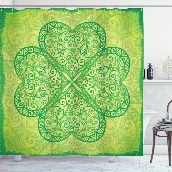 Abakuhaus Tenda Da Doccia Irlandese, Motivi Tradizionali A Cuori Nei Toni Del Verde Illustrazione Monocromatica Vortice, 175 X 240 Cm, Verde Verde Avocado Chiaro-image