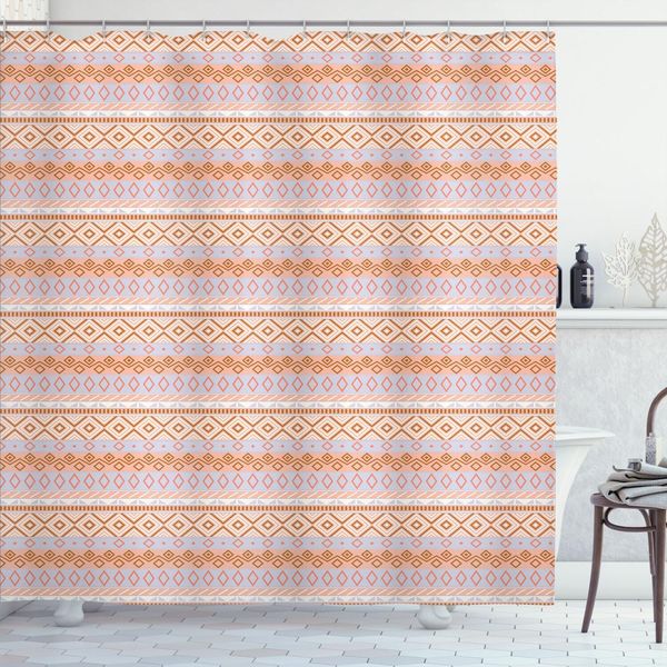 Abakuhaus Tenda Da Doccia Tribale, Bordi Orizzontali Con Semplici Motivi Etnici A Rombi, Tema Culturale Messicano, 175 X 200 Cm, Multicolore-image