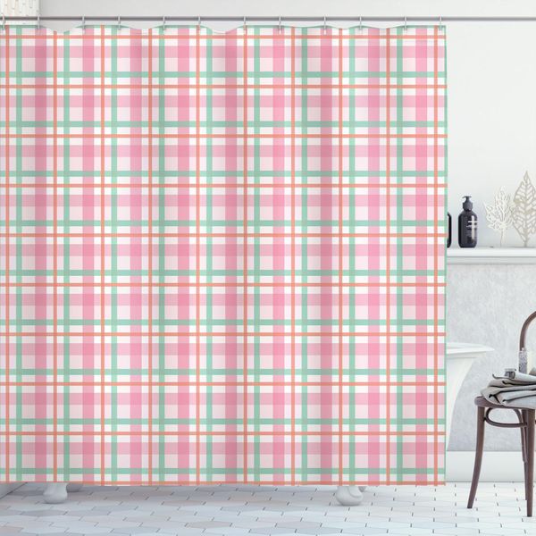 Abakuhaus Tenda Da Doccia Astratta, Motivo Tartan A Quadri Color Pastello Con Stampa A Strisce Geometriche, 175 X 200 Cm, Menta Salmone Rosa Pallido-image