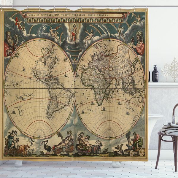 Abakuhaus Tenda Da Doccia Vintage, Mappa Dettagliata Della Geografia Storica Mondiale, 175 X 180 Cm, Multicolore-image