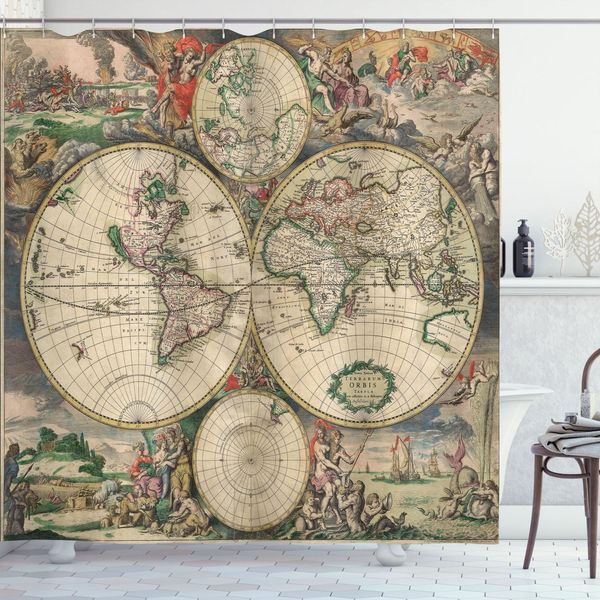Abakuhaus Tenda Da Doccia Con Mappa Del Mondo, Design Antico Con Figure Rinascimentali Continenti Ed Emisferi Stile Vintage, 175 X 180 Cm, Multicolore-image