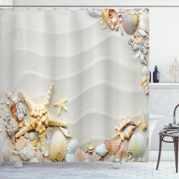 Abakuhaus Tenda Da Doccia Stella Marina, Costa Marina Con Sabbia E Tema Acquatico Tropicale Colorato Con Diverse Conchiglie, 175 X 180 Cm, Multicolore-image