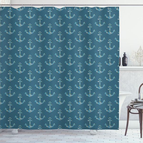 Abakuhaus Tenda Da Doccia Con Ancore, Ancore Stilizzate Con Figure Marittime, Pesci, Animali Marini Sott'acqua, 175 X 180 Cm, Blu Petrolio, Azzurro Cielo-image